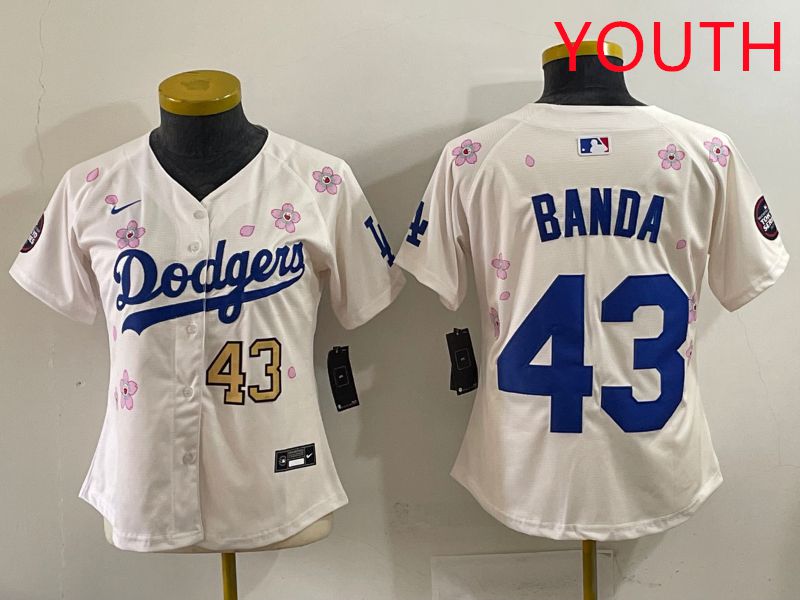 Youth Los Angeles Dodgers 43 Banda Cream Sakura Edition 2025 Nike MLB Jersey style 33